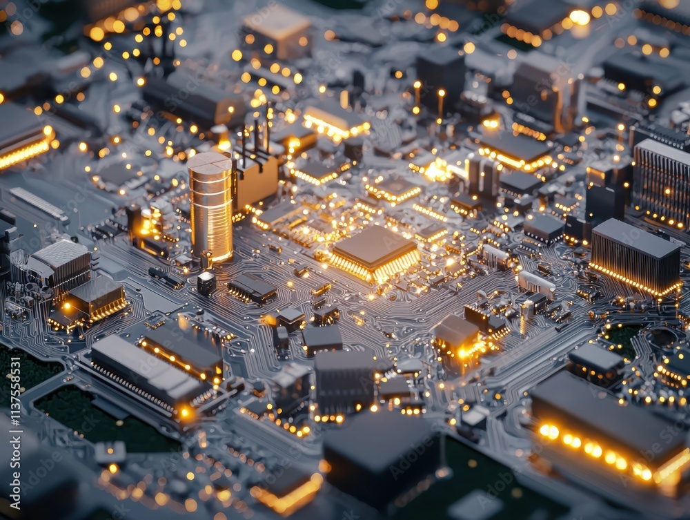 Poster illuminating complexity macro shot of circuit board with glowing leds technology environment dark ba