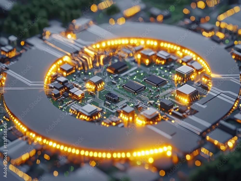 Poster illuminating complexity macro view of a circuit board with led lights technology electronics dark ba