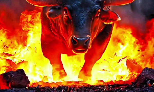 Fiery charging bull in flames, intense energy, raging power, dramatic fire backdrop, burning strength, dynamic wild animal, bull fury, red flames, fierce heat, aggressive bull motion, glowing fire bul