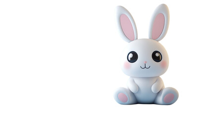 Obraz premium Cute white rabbit figurine with pink accents seated on a transparent background showcasing its friendly expression and playful design.