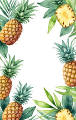 Frame of red pineapples with green leaves in watercolor style on transparent background, ideal for cookbook, restaurant menu