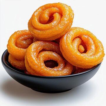 A photostock of spiral orange jalebis arranged on a plate, isolated on a white surface, sweet and festive, High Quality