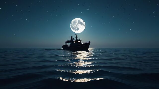 Silhouette of a boat, full Moon on the ocean's surface. Ideal for articles illustration, books covers, designing calendars, items background design such as tote bags, cards, boxes, T-shirts and etc.