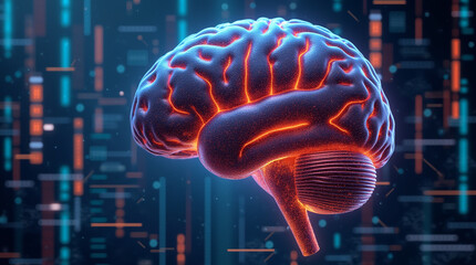 AI brain made of glowing circuits and digital pathways, pulsing with neon data streams. Surrounded by holographic screens and geometric shapes.
