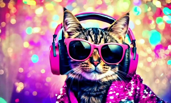 Disco dj stylish cat in party atmosphere. Music fun concept. cat is dancing listening music. cute cat at Disco party