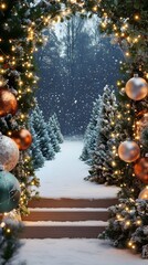 A podium illuminated by soft fairy lights, framed by festive greenery and large, colorful ornaments, with a snowy path in the distance