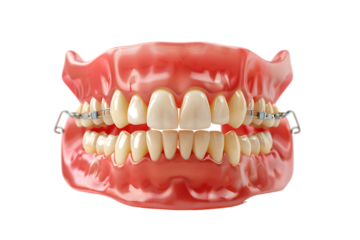 A pair of dentures, isolated against a transparent background, highlighting their realistic design and dental features