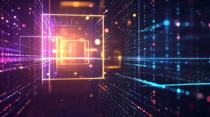 Obraz premium Abstract representation of a data center with glowing lights and network connections. Abstract Digital Space with Glowing Cubes