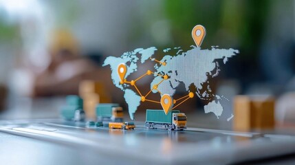 Digital of a world map with location pins and markers representing global logistics transportation and business connections  Concept of international commerce supply chain trade
