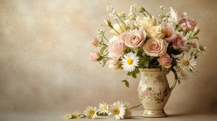 A romantic floral still life featuring a bouquet of roses, daisies, and lilies in a vintage ceramic vase, set against a muted beige background