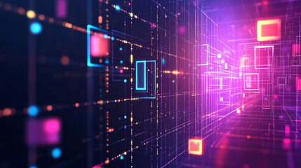 Obraz premium Abstract representation of a data center with glowing lights and network connections. Abstract Digital Space with Glowing Cubes