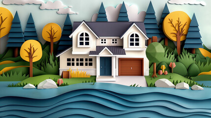 Fototapeta premium Paper illustration of flood water flowing in front of residential house depicting environmental issue