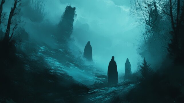 Three hooded figures walk through a dark, misty forest, their forms barely visible in the eerie atmosphere. The deep blue tones and shadows create a sinister and suspenseful setting, perfect for