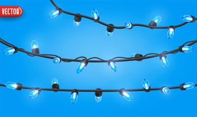Festive Christmas Blue string lights brightly glowing. Realistic 3d New Year decorations garland isolated on rich blue background. vector illustration