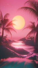 Naklejka premium A retro vaporwave background with palm silhouettes, a glowing pink sun, and horizontal glitch effects.