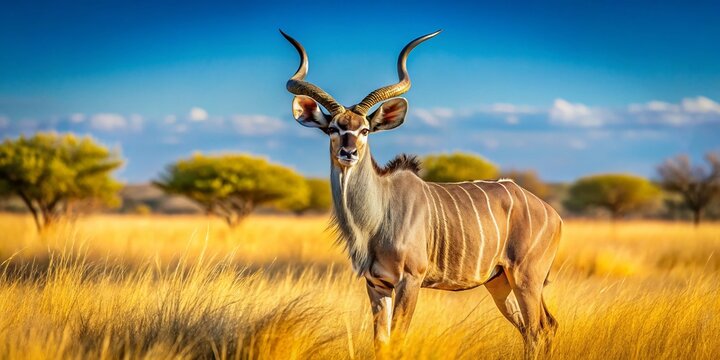 Majestic Kudu in the African Savanna Against a Desert Landscape, Showcasing Distinctive Spiral Horns and Striped Markings in a Vibrant Natural Setting
