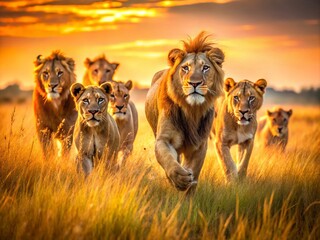 Majestic Lions Running Golden Hour Savannah Grassland Africa Wildlife Photography