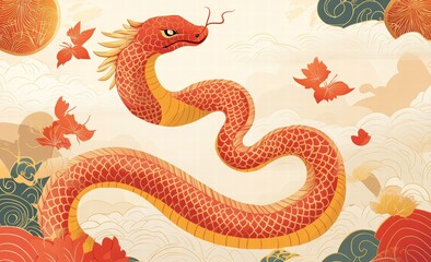 Cute Chinese New Year snake banner template with text 2025 and space for your message. Greeting card template for party decoration. Illustration of the Year of the Snake.