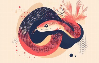 Fototapeta premium Cute Chinese New Year snake banner template with text 2025 and space for your message. Greeting card template for party decoration. Illustration of the Year of the Snake.