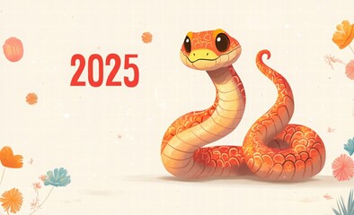 Fototapeta premium Cute Chinese New Year snake banner template with text 2025 and space for your message. Greeting card template for party decoration. Illustration of the Year of the Snake.
