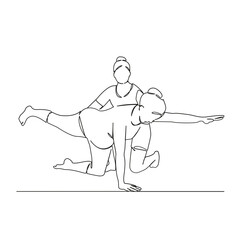 One continuous single drawing line art flat doodle Yoga for pregnant women with a trainer, pregnant, sports, health, expectation, relaxation. Isolated image hand draw contour on a white background, ha