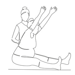One continuous single drawing line art flat doodle Yoga instructor correcting asana of pregnant women, sport, lifestyle, expecting a child. Isolated image hand draw contour on a white background, hand