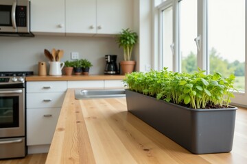 Modern kitchen with sunlit herb planter on wooden countertop near window