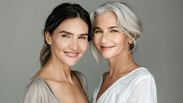 Portrait of beautiful young woman and her mother smiling on grey background - Powered by Adobe