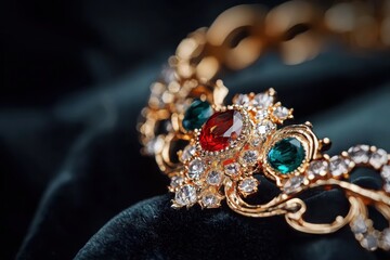 Captivating jewelry showcase closeup ornate design dark velvet background soft lighting intricate details for visual impact