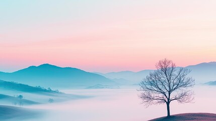 Mysterious fog concept. A serene landscape featuring a solitary tree against misty mountains at dawn.