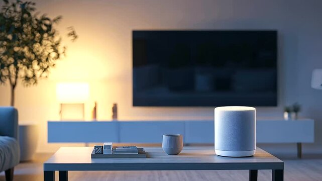 Modern Living Room with Smart Home Voice Assistant and Ambient Lighting