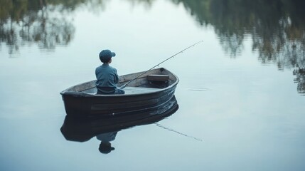 A young boy fishing in a small rowboat on a calm lake. 