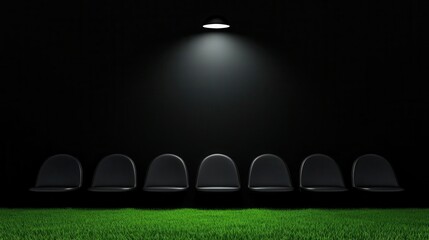 A dark scene featuring illuminated black chairs against a green grass backdrop, creating a striking contrast and a mysterious ambiance.