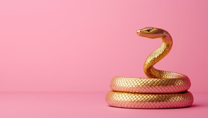 Fototapeta premium Snake symbolism concept. Golden snake coiled against a pink background, showcasing its elegance and texture.