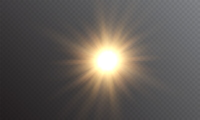 Vector golden light with Sun Glare. Sun, sun rays, dawn, glare from the sun png. Gold Flare and Glare. Yellow star flashed with sparkles. Sunrays, and Glare PNG vector light effect