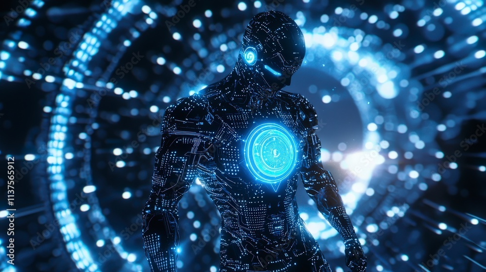 Poster Close-up view of a futuristic humanoid robot with blue lights in a sci-fi digital space 3d render concept
