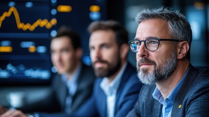 Group of professional business analysts collaborating and analyzing financial market trends and corporate strategies in a modern office environment