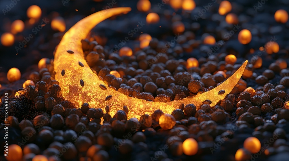 Aufkleber Luminous crescent shape created with longan seeds enchantment in nature artistic composition nighttime magical concept