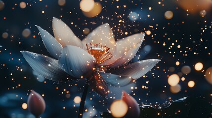 Lotus flower blossoms under a starry sky nature scene ethereal beauty tranquil setting close-up view magical concept