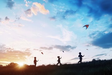 Children flying kites at dusk outdoor park photography natural landscape low angle joyful freedom in nature