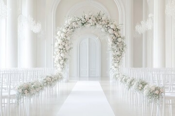 Fototapeta premium Elegant Wedding Ceremony Hall with Floral Arrangements and Chandelier Decor in Soft White Colors for Romantic Events and Celebrations