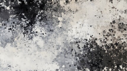 A pixelated texture with shades of gray, black, and white, evoking a digital glitch aesthetic