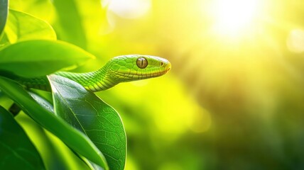 Obraz premium Snake symbolism concept. Green snake peeking through lush leaves in sunlit environment.