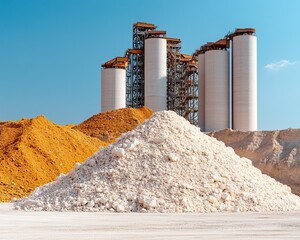 Obraz premium A bright industrial scene featuring large silos and piles of minerals, showcasing a blend of orange and white materials against a clear blue sky.