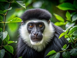Fototapeta premium Mantled Guereza Monkey, Murchison Falls National Park, Uganda - Black and White Colobus in Dark Forest Habitat