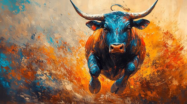 A dynamic bull charging, painted with bold and fragmented brushstrokes, vibrant hues of orange and blue swirling around, the background an abstract gradient of color and texture, artistic and vivid,