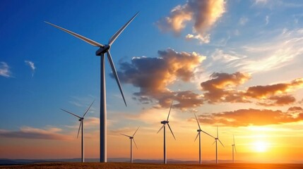 Obraz premium Wind turbines silhouetted against a breathtaking sunset sky with dramatic colorful clouds Renewable energy and eco friendly power concept