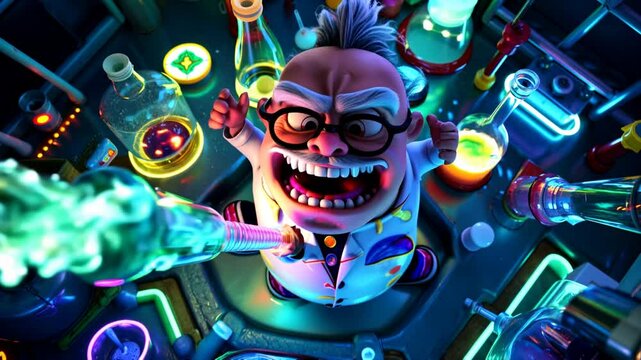 Eccentric animated scientist mixing glowing liquids in bubbling lab with explosive reaction. 