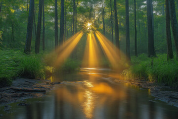 Obraz premium Golden Sunrise Illuminates Forest Stream Beautifully with Misty Atmosphere