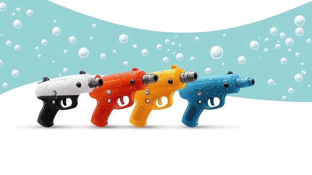 Vibrant and whimsical scene featuring colorful plastic toy guns alongside a bubble machine evoking a nostalgic childhood theme of playful imagination and carefree joy